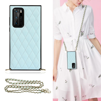 Light blue quilted diamond phone case with crossbody chain strap and shockproof TPU frame
