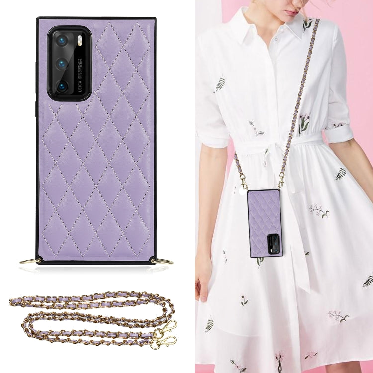 Purple quilted rhombus phone case with dual-camera cutouts and gold-tone crossbody chain strap