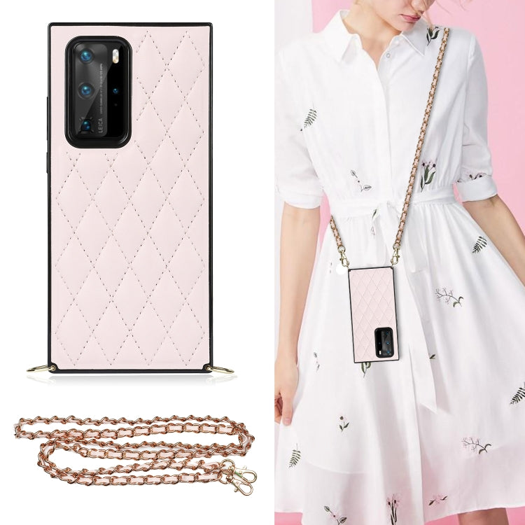 Microfiber leather phone case with rhombus quilting in light pink, shockproof TPU, chain strap