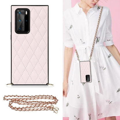 Microfiber leather phone case with rhombus quilting in light pink, shockproof TPU, chain strap