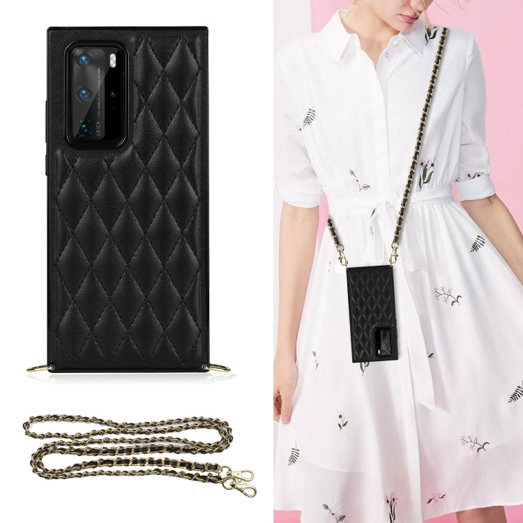 Black quilted rhombus phone case with camera cutout, TPU shockproof build and chain strap