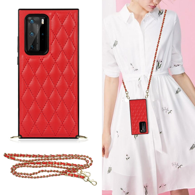 Red quilted diamond phone case with camera cutouts and crossbody chain strap