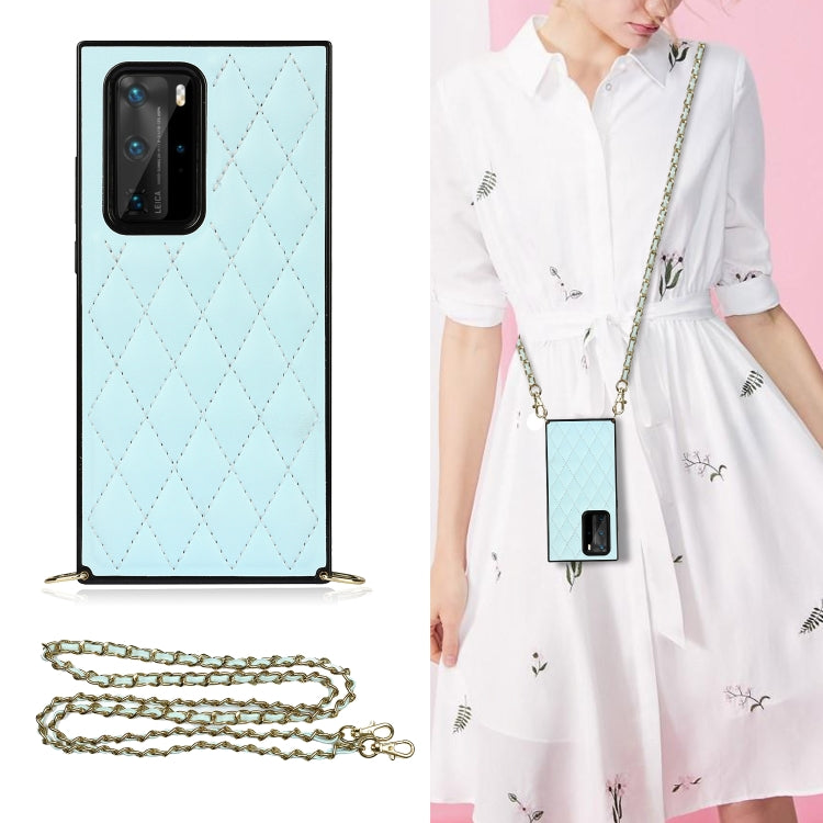 Light blue quilted rhombus phone case with card holder slot and gold-tone crossbody chain strap
