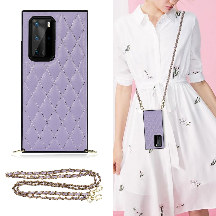 Purple quilted rhombus phone case with triple-camera cutout and gold-tone crossbody chain strap