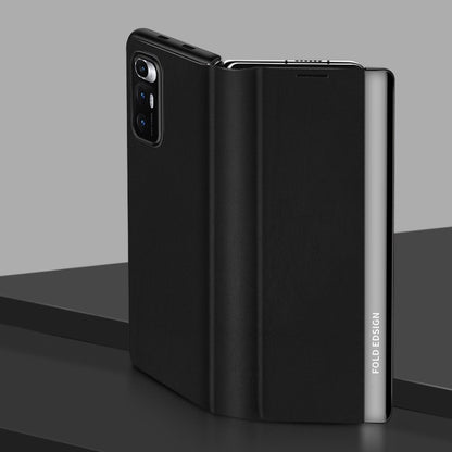 Matte black folding leather case for a foldable smartphone, with card-slot cutout detail