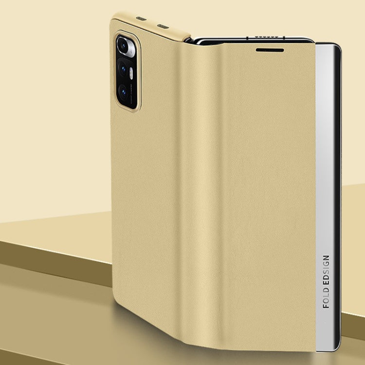 Matte yellow folding leather case for a foldable smartphone, with camera cutout