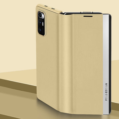 Matte yellow folding leather case for a foldable smartphone, with camera cutout