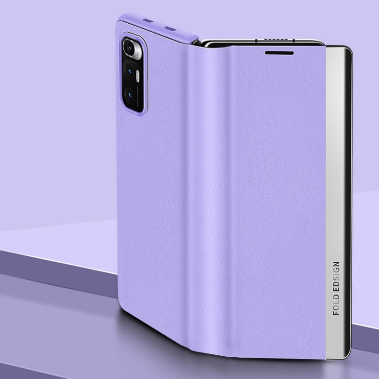 Matte purple folding leather case for a foldable smartphone, with camera cutout