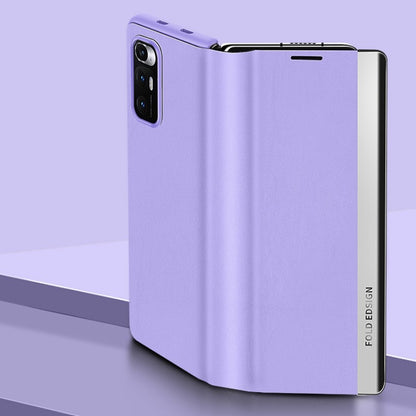 Matte purple folding leather case for a foldable smartphone, with camera cutout