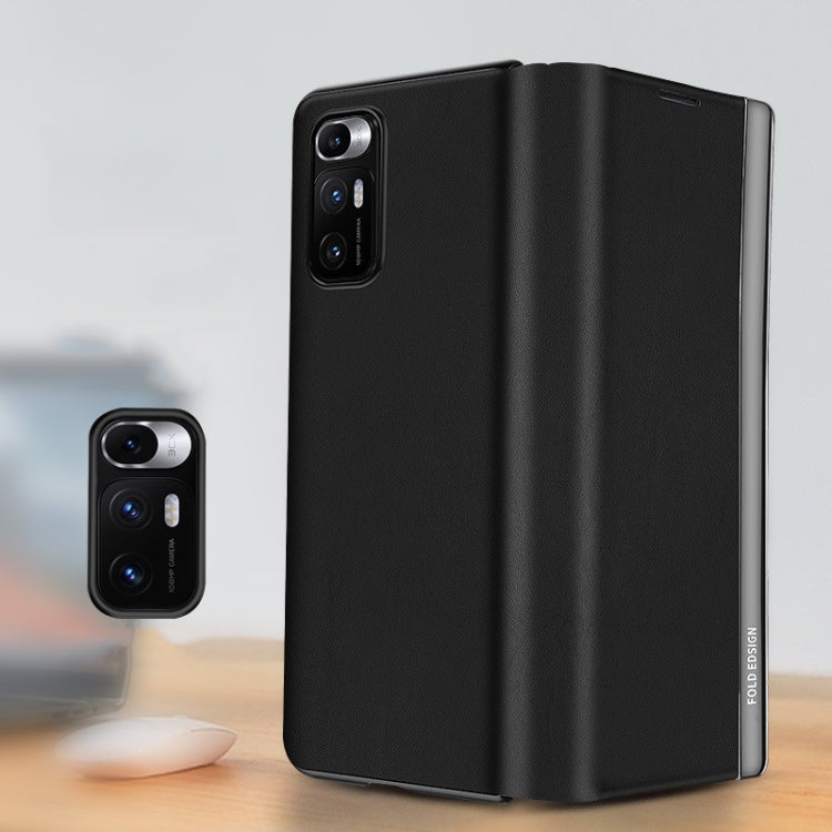 Matte black folding leather case for a foldable smartphone, shown open and closed