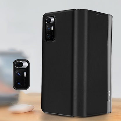 Matte black folding leather case for a foldable smartphone, shown open and closed