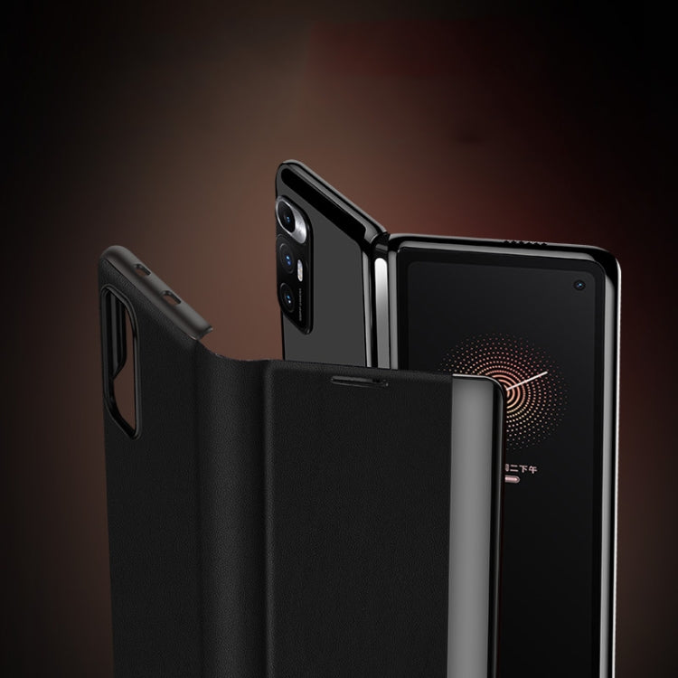 Matte black folding leather case for a foldable smartphone, protective cover with cutouts