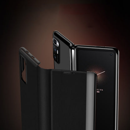 Matte black folding leather case for a foldable smartphone, protective cover with cutouts
