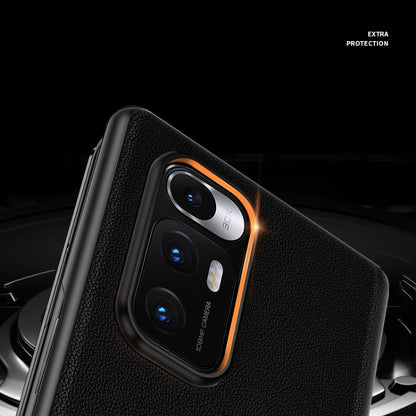 Matte black folding leather case with textured back and camera ring protection detail