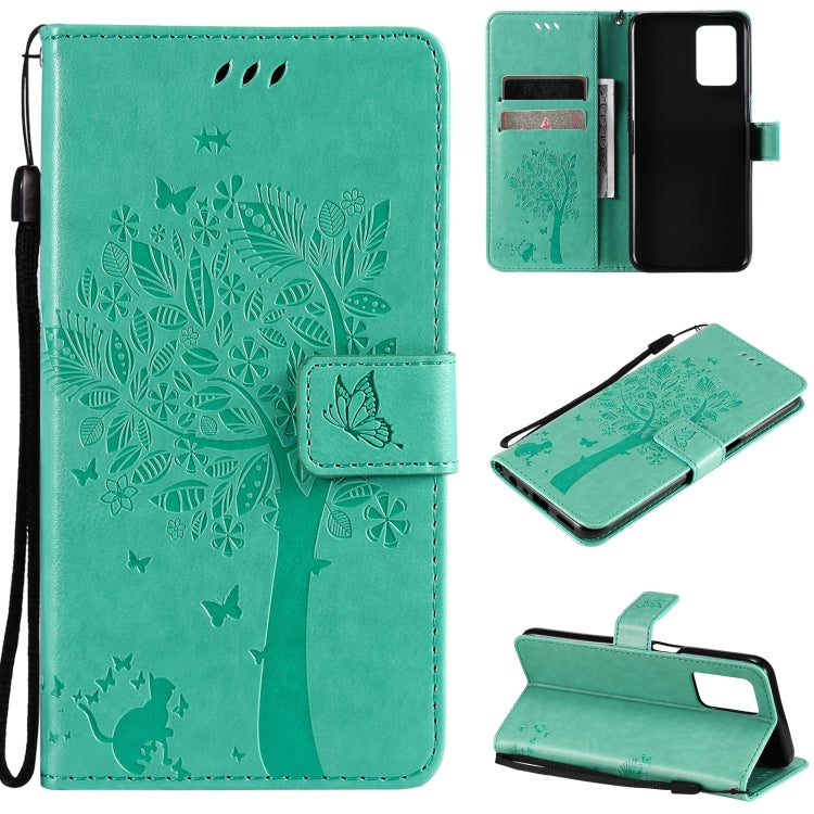 Green PU leather flip phone case with tree & cat pattern, card slots, and lanyard