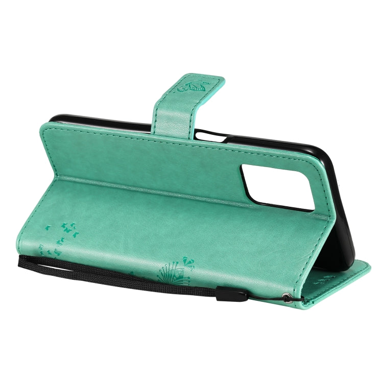 Green PU leather flip phone case in stand mode; tree & cat pattern and card slots