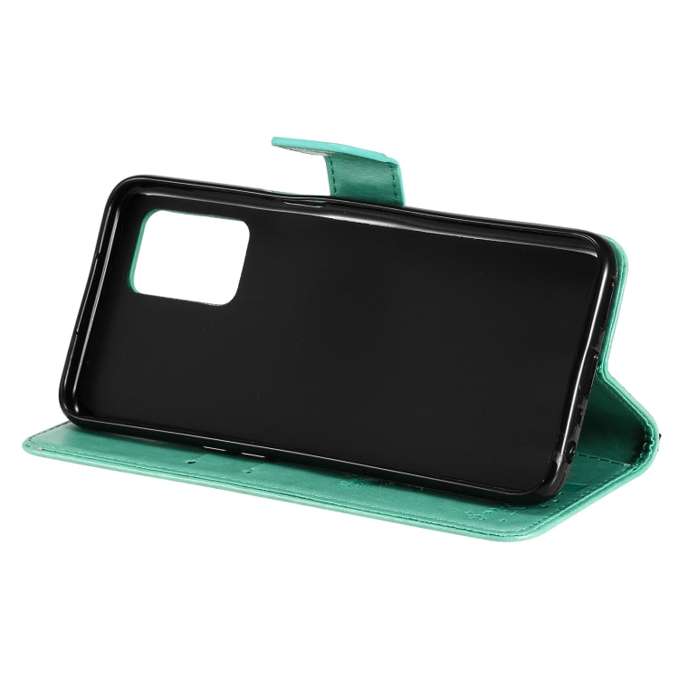 Green PU leather flip phone case with stand support; tree & cat pattern on cover