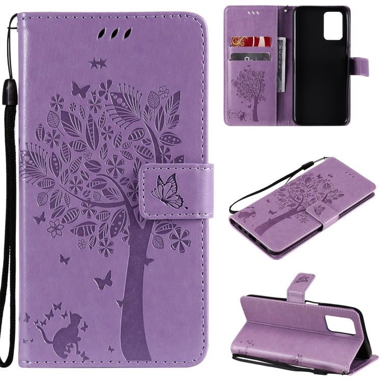 Purple PU leather flip phone case with tree & cat pattern, card slots, and lanyard