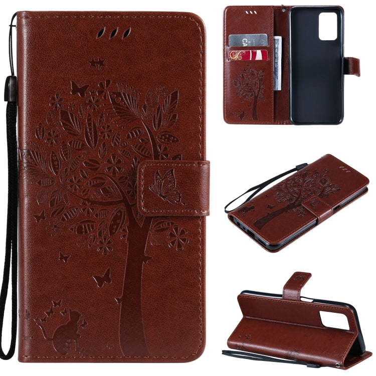 Coffee brown PU leather flip phone case with tree & cat pattern, card slots, and lanyard
