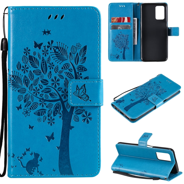 Blue tree and cat pattern PU leather phone wallet case with card slots and lanyard