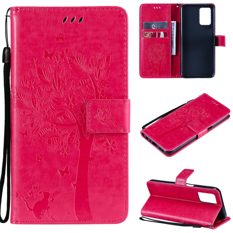 Pink tree and cat pattern PU leather phone wallet case with card slots and lanyard