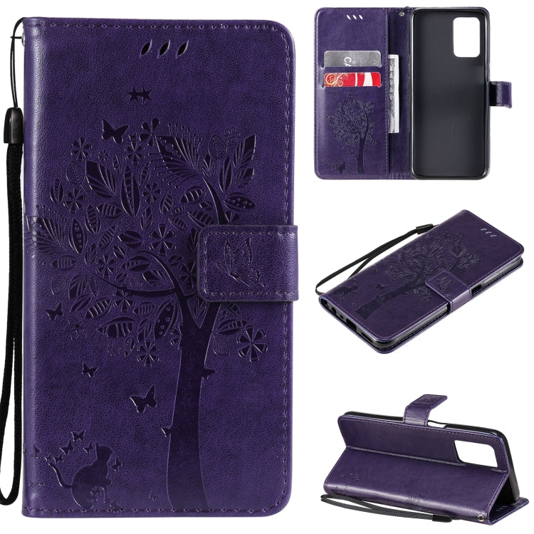 Purple tree and cat pattern PU leather phone wallet case with card slots and lanyard