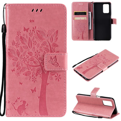 Light pink tree and cat pattern PU leather phone wallet case with card slots and lanyard