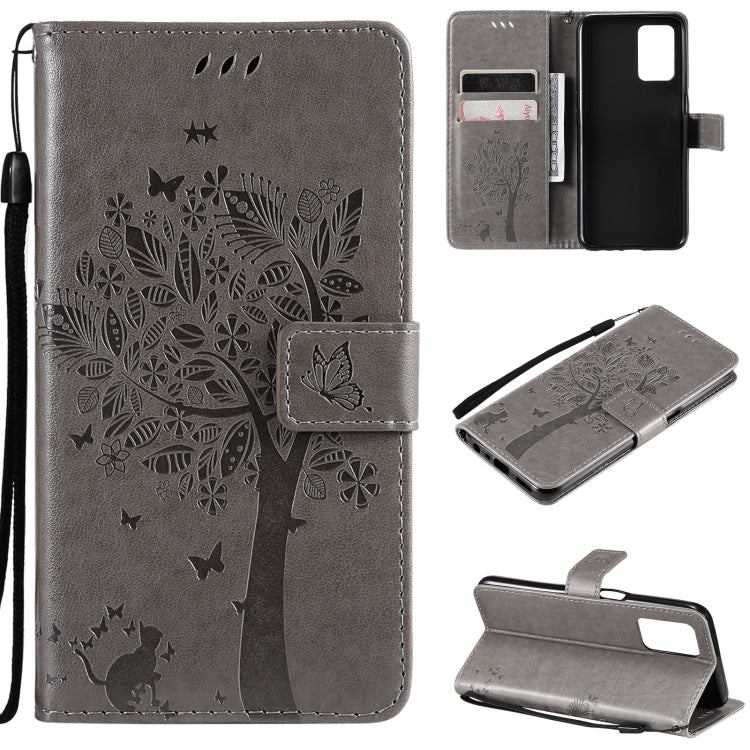 Gray tree and cat pattern PU leather phone wallet case with card slots and lanyard