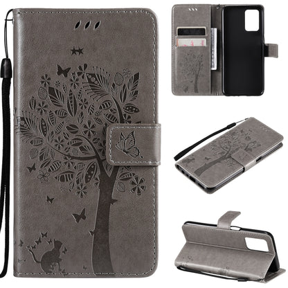 Gray tree and cat pattern PU leather phone wallet case with card slots and lanyard