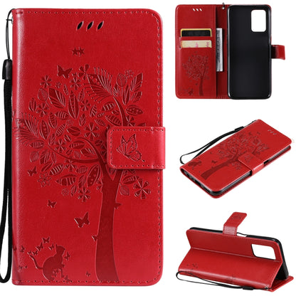 Red tree and cat pattern PU leather phone wallet case with card slots and lanyard