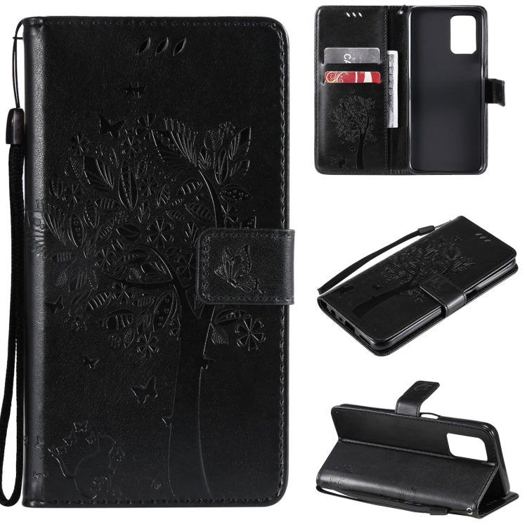 Black tree and cat pattern PU leather phone wallet case with card slots and lanyard