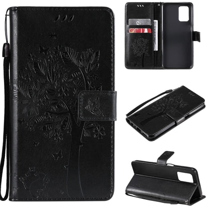 Black tree and cat pattern PU leather phone wallet case with card slots and lanyard