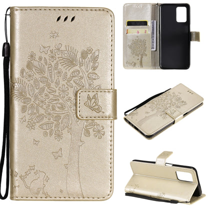 Gold tree and cat pattern PU leather phone wallet case with card slots and lanyard