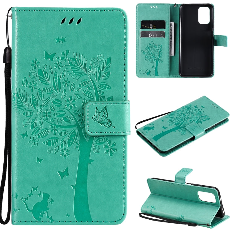 Teal tree and cat pattern PU leather phone wallet case with card slots and lanyard