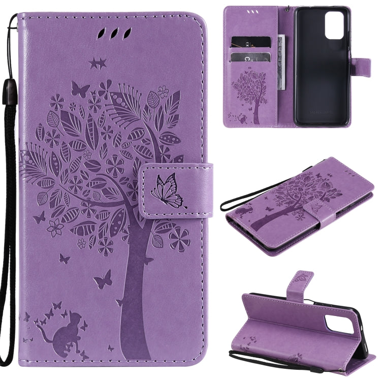 Lavender tree and cat pattern PU leather phone wallet case with card slots and lanyard