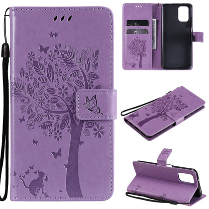 Lavender tree and cat pattern PU leather phone wallet case with card slots and lanyard