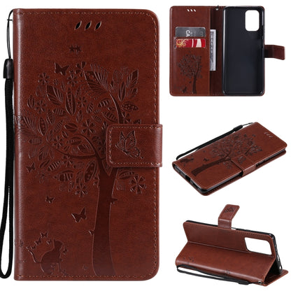 Brown tree and cat patterned flip phone wallet case with card slots and stand holder