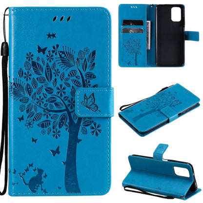 Blue tree and cat patterned flip phone wallet case with card slots and stand holder