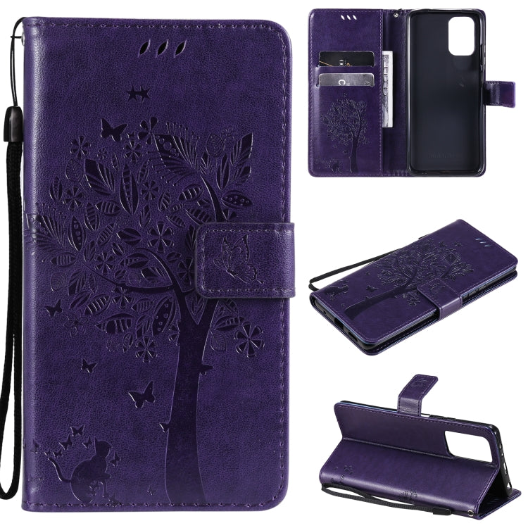 Purple tree and cat patterned flip phone wallet case with card slots and stand holder