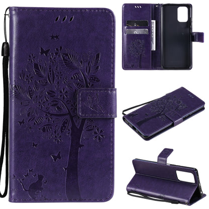 Purple tree and cat patterned flip phone wallet case with card slots and stand holder