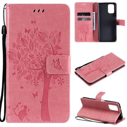 Light pink tree and cat patterned flip phone wallet case with card slots and stand holder