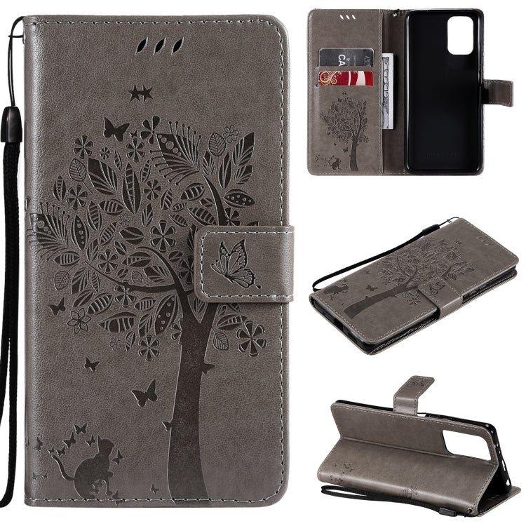 Gray tree and cat patterned flip phone wallet case with card slots and stand holder