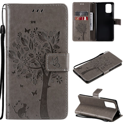 Gray tree and cat patterned flip phone wallet case with card slots and stand holder