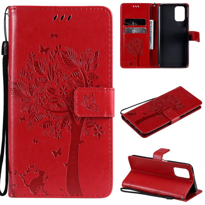 Red tree and cat patterned flip phone wallet case with card slots and stand holder