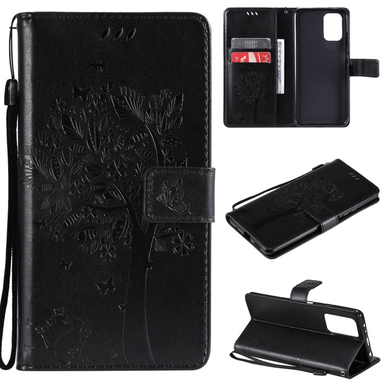 Black tree and cat patterned flip phone wallet case with card slots and stand holder