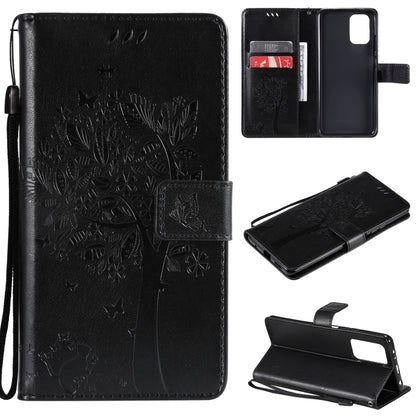 Black tree and cat patterned flip phone wallet case with card slots and stand holder