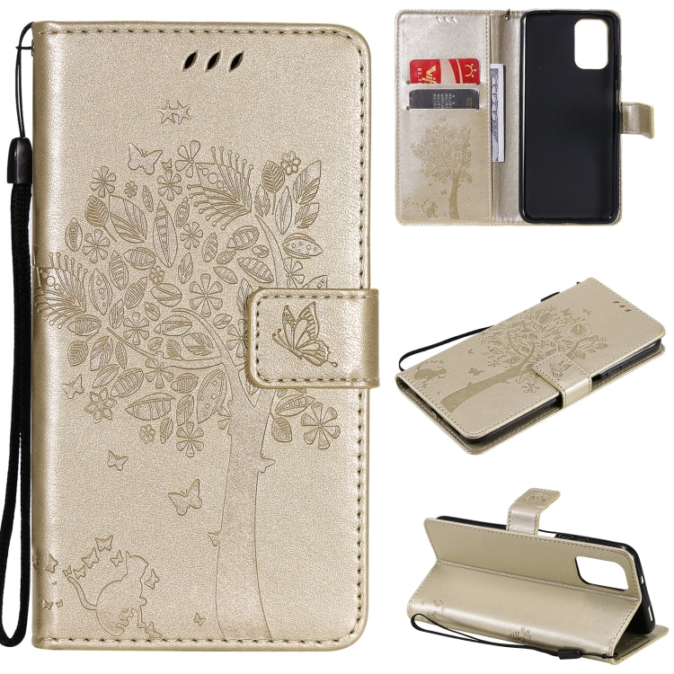 Gold tone tree and cat patterned flip phone wallet case with card slots and stand holder