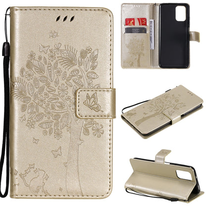 Gold tone tree and cat patterned flip phone wallet case with card slots and stand holder