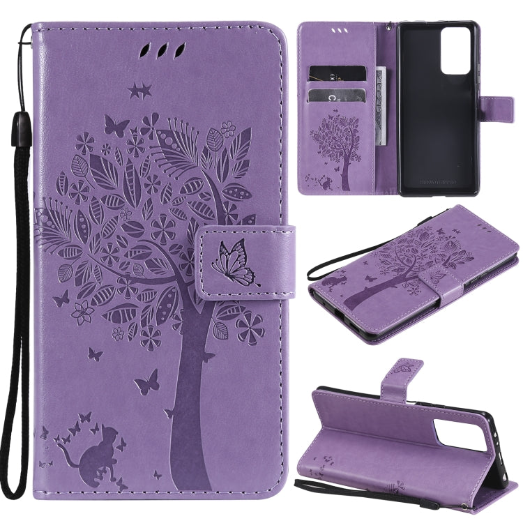 Purple PU leather phone wallet case with cat-and-tree pattern, card slots, stand, strap