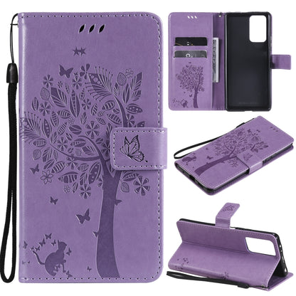 Purple PU leather phone wallet case with cat-and-tree pattern, card slots, stand, strap
